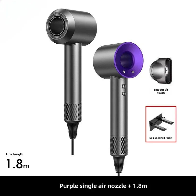 Grey 5-in-1 professional hair dryer with purple nozzle, styling attachments, and wall bracket for smooth hair styling.