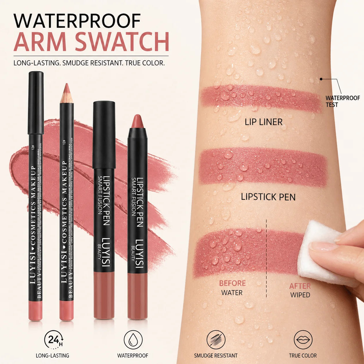2pcs velvet lip set: waterproof matte lip liner and lipstick pencil in mauve, showing long-lasting arm swatches.