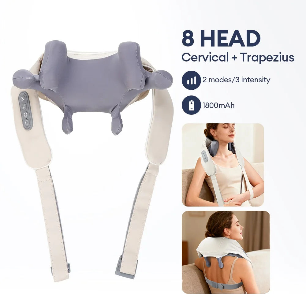 Wireless Neck and Shoulder Massager - 8-Head Deep Tissue Shiatsu Back Massage Instrument Tidesmit