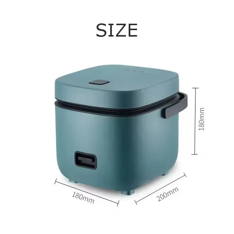 Mini electric rice cooker size diagram, teal pot with lid and side carry handle