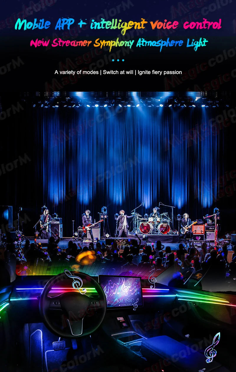 Streamer symphony atmosphere light bars installed in a car interior, displaying multi-colored LED music sync effects.