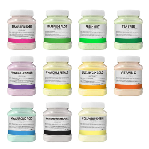 Colorful jars of crystal jelly face mask powder for anti-inflammatory skincare.