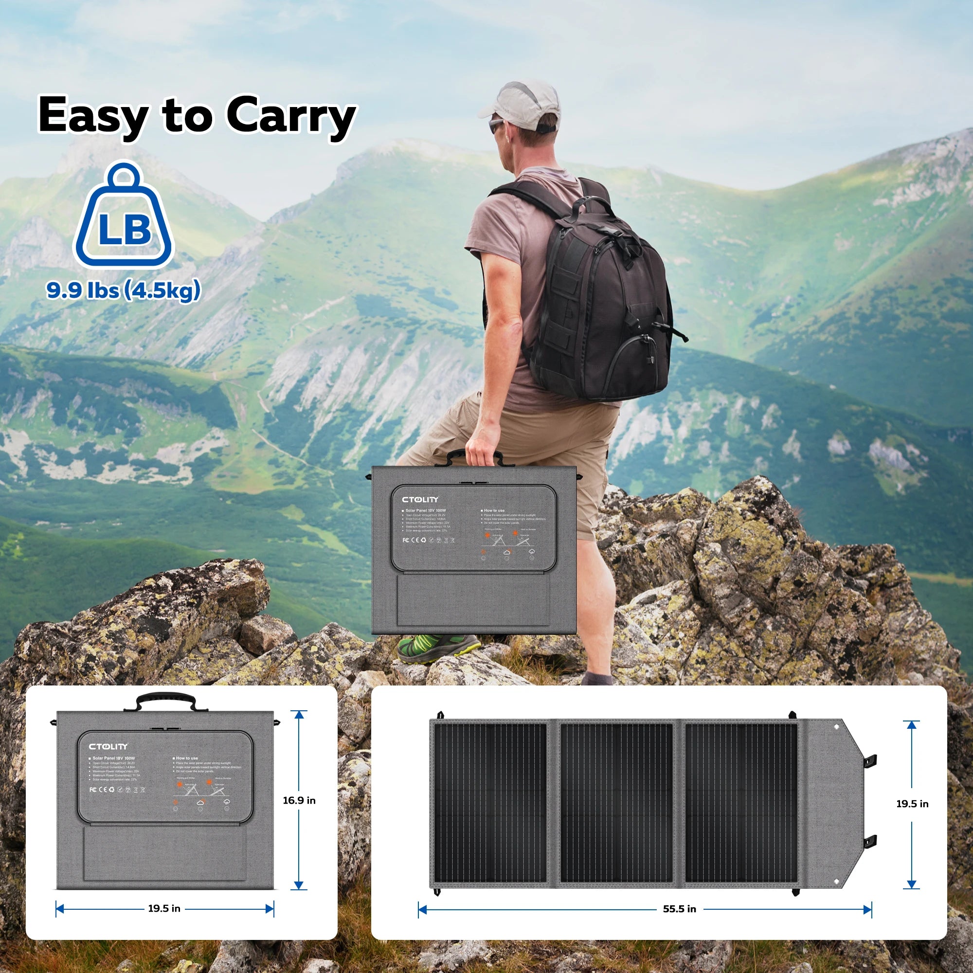 CTOLITY SP100 100W Flexible Solar Panel Portable Folding Bag 23% Efficiency Energy Storage Supply USB Type-C For Power Station