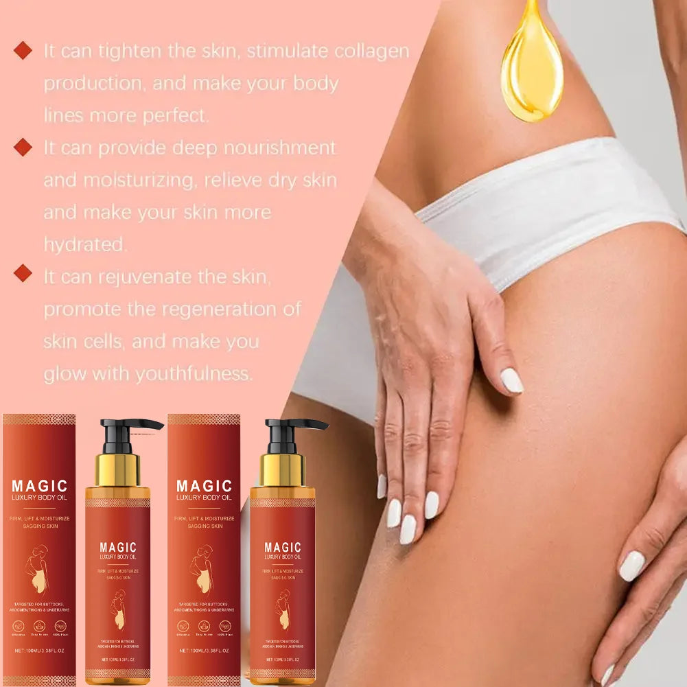 Magic Luxury Body Oil in 100ml amber plastic pump bottles used to firm, lift, and moisturize sagging skin.