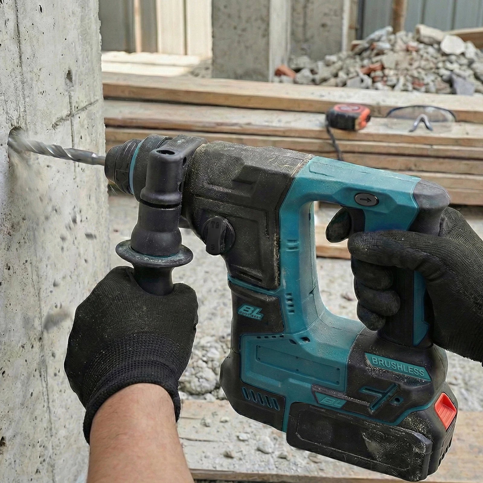 Podofo 1200W 2600RPM Brushless Rotary Hammer Drill 1.8J 360° Rotatable Cordless Electric Impact Hammer For Construction Home Wood Metal Drilling