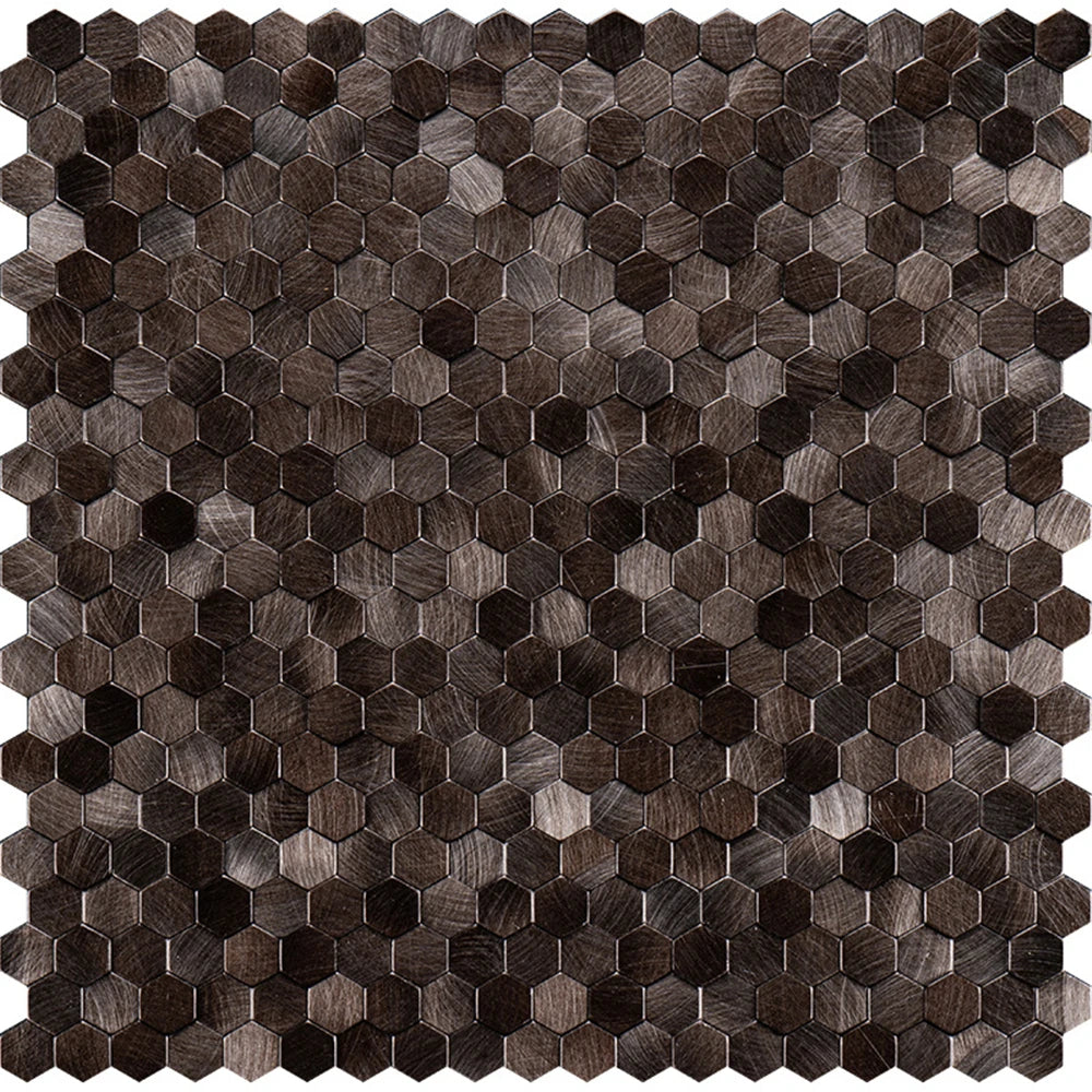 Hexagon metal mosaic tile sheet, dark bronze brown metallic stainless finish