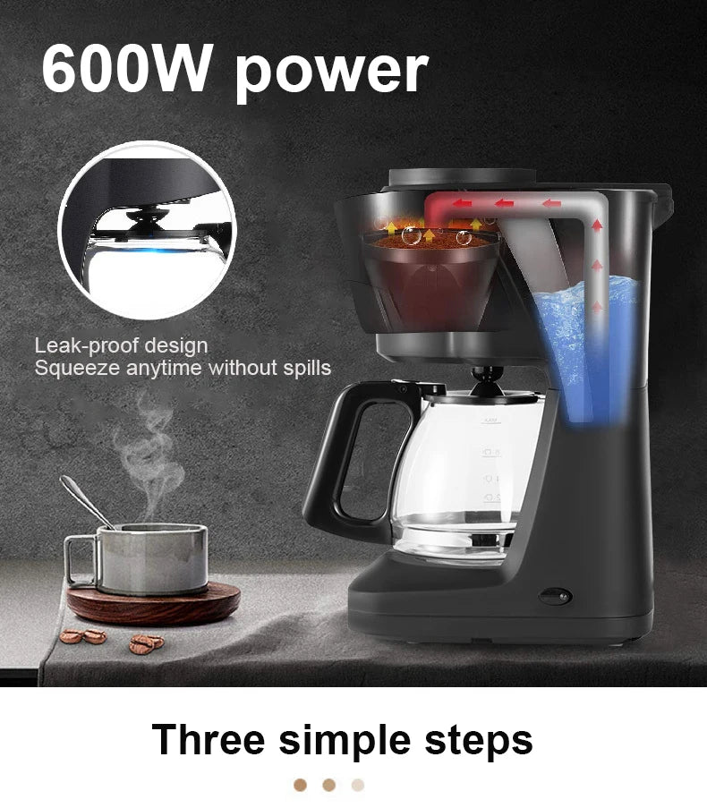 Black 600W drip coffee maker with glass carafe, featuring a leak-proof design and simplified brewing process.