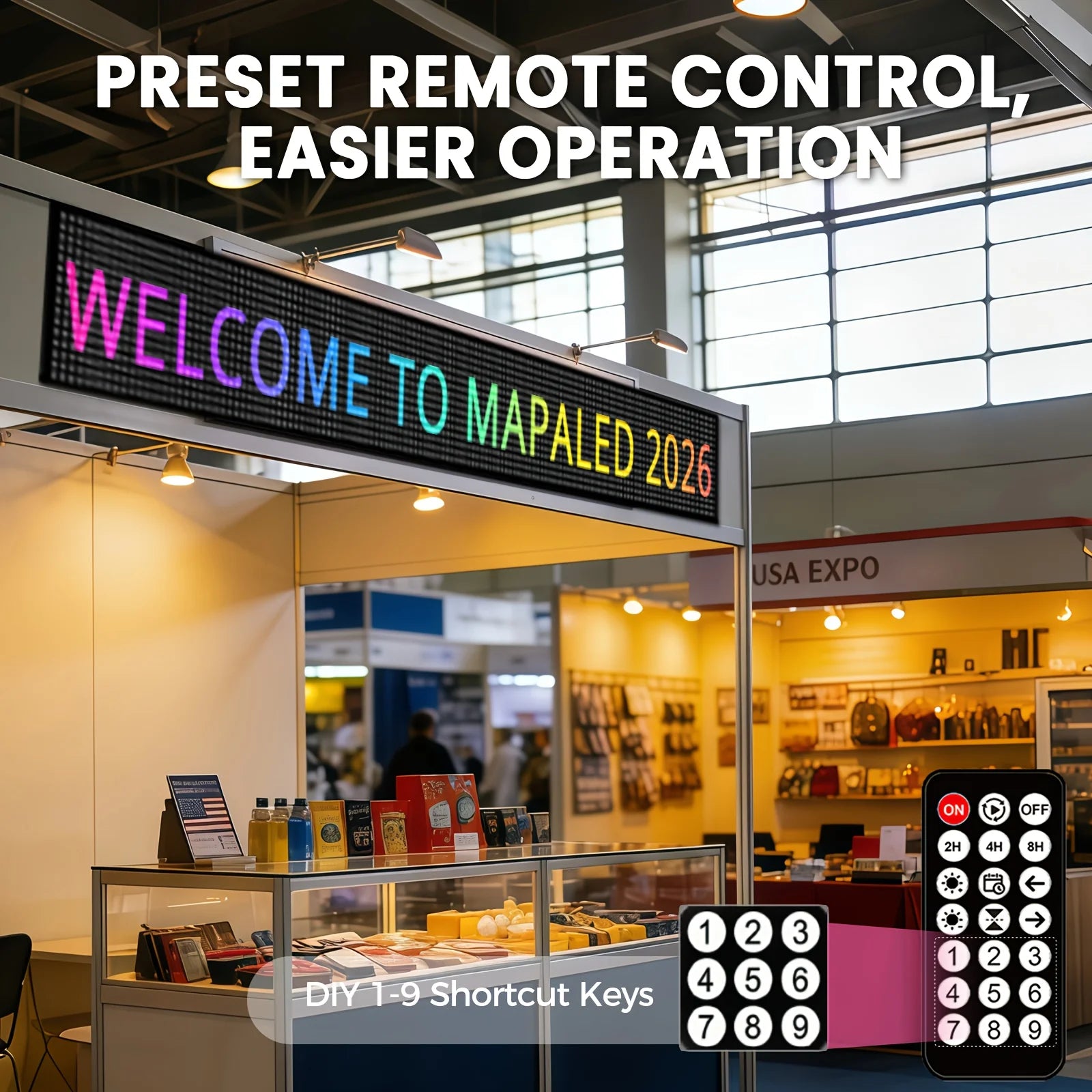 Smart LED scrolling display screen, supports Bluetooth app control, allows for customization of text, graphics, and animations, is USB-powered for easy installation, and is suitable for digital signage in stores, trucks, food