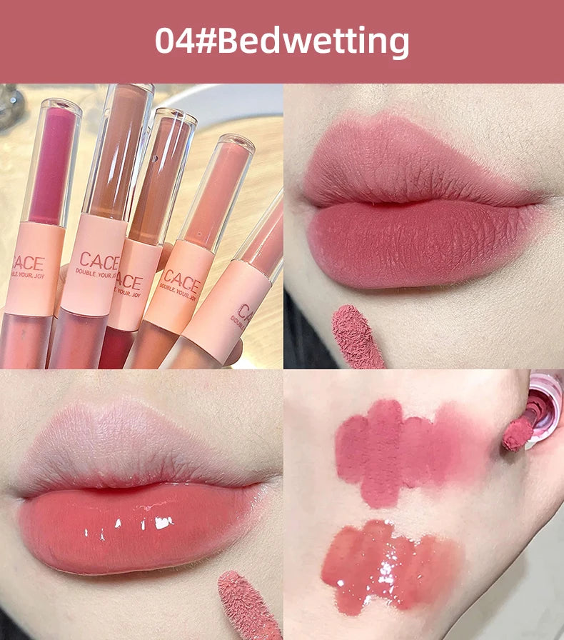 CACE double-head lip glaze in 04# Bedwetting: dual-ended matte lip mud and glossy mirror finish in soft pink.