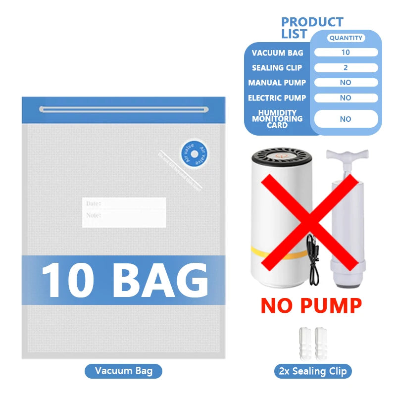 Vacuum sealing bag set for 10 bags with sealing clips (no pump included)