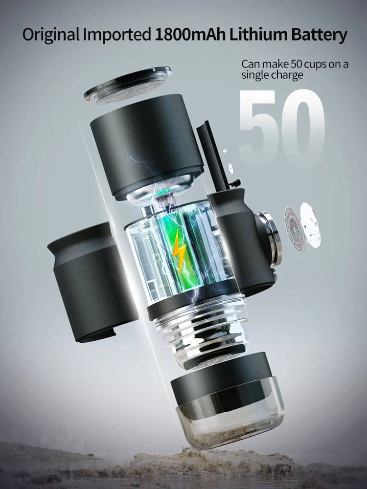 Exploded view of black portable coffee maker with 1800mAh rechargeable lithium battery, brews 50 cups per charge.