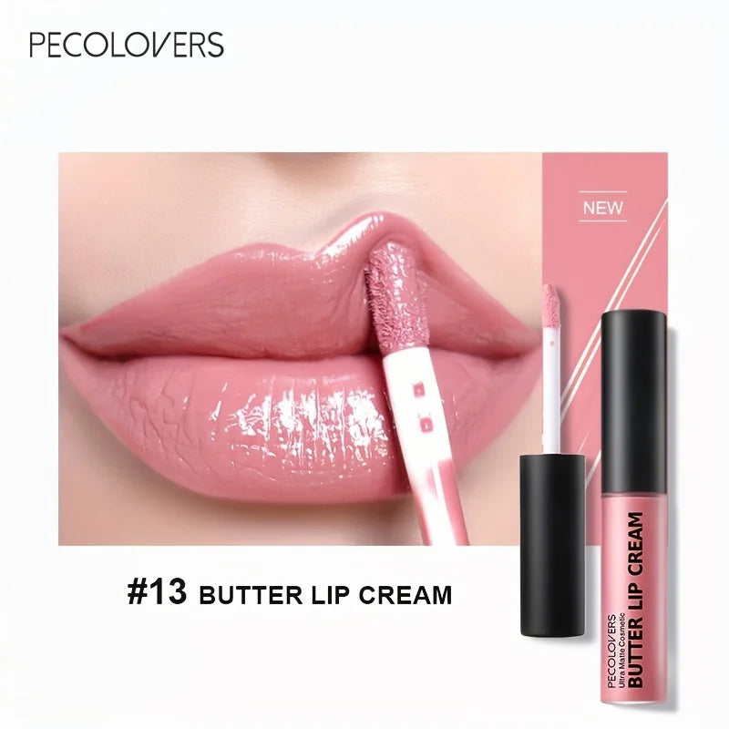 Pecolovers moisturizing butter lip cream in shade #13, a high-pigment nude pink liquid lipstick with a glossy finish.