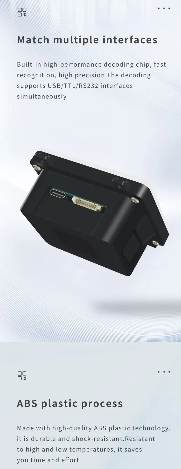 Embedded QR code reader module with side connection ports on black plastic body