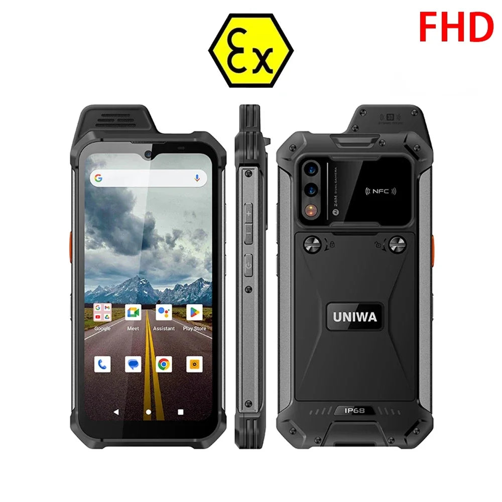 UNIWA W999 black ATEX explosion-proof rugged smartphone, IP68 rated with NFC, PTT, and FHD display views.