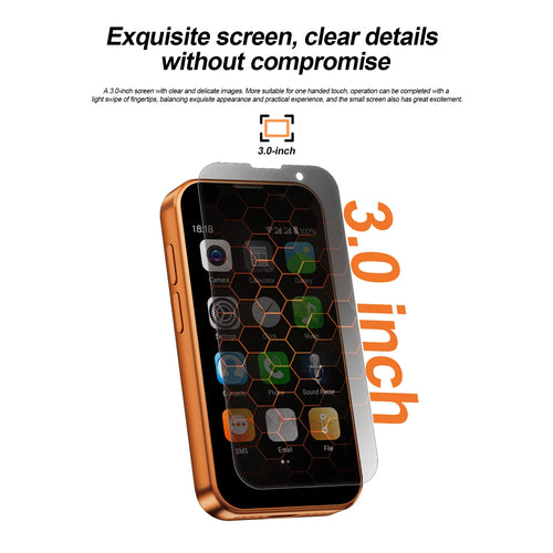 SOYES i17 Mini gold smartphone, 3.0-inch touchscreen display, compact Android mobile, front view with apps visible.