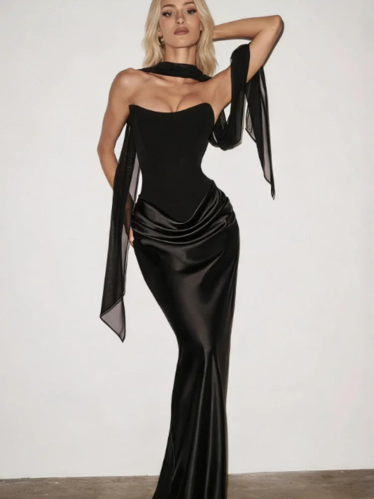 Strapless Satin Mermaid Maxi Dress Women Draped Waist Formal Party Evening Gown Y2K Sexy Elegant Clubwear