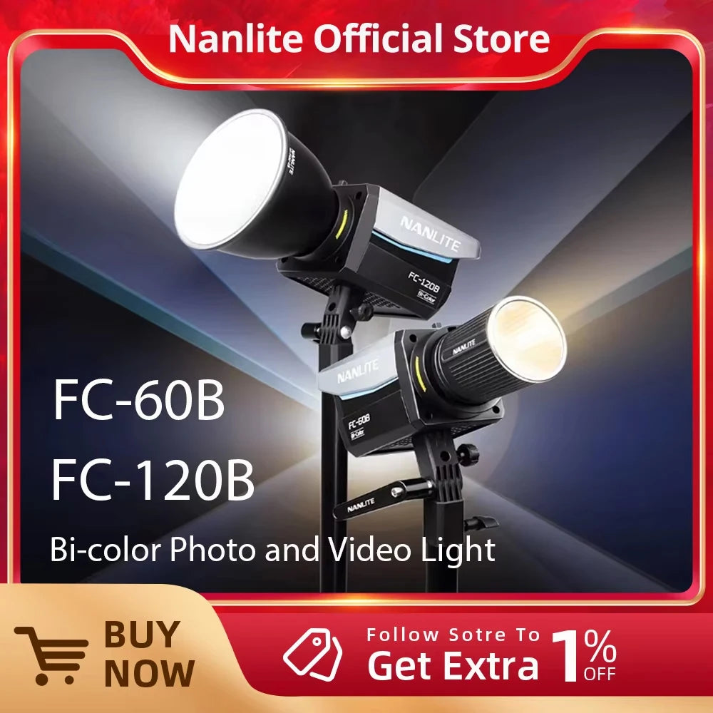 FC-60B and FC-120B black bi-color LED studio lights on stands for photography and video production.