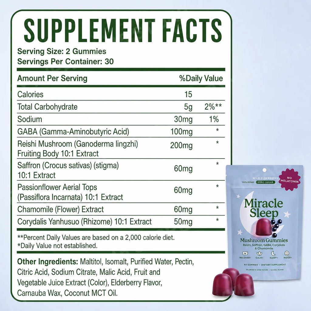 Melatonin-Free Mushroom Sleep Gummies with Reishi, GABA, Saffron & Chamomile, Wild Elderberry, Calm Night Support, 60 Count