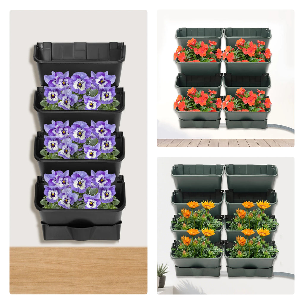 Wall-mounted vertical planter set showing purple and orange flower plants in black and green planters