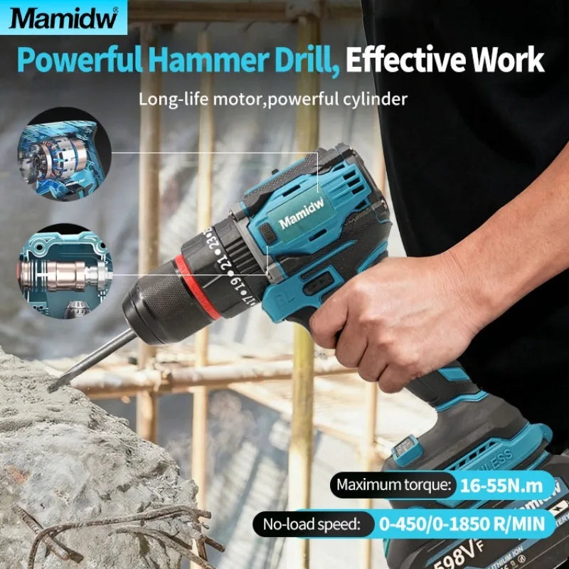 Mamidw Brushless Lithium Electric Drill 1850RPM High Speed Cordless Power Drill for Metal Wood Drilling Furniture Screw Fastening