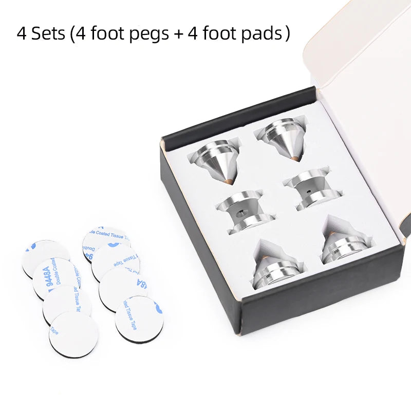 Silver speaker stand foot pads with shock-absorbing pins and metal bases