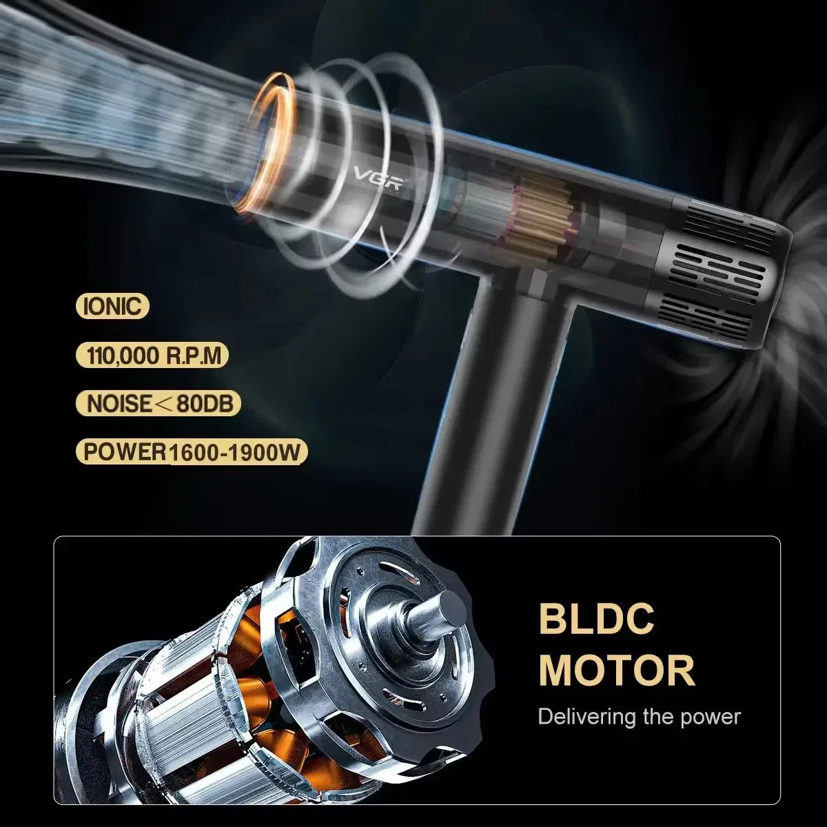 VGR V-427 black leafless professional ionic hair dryer with 110,000 RPM high-speed BLDC motor for salon styling.