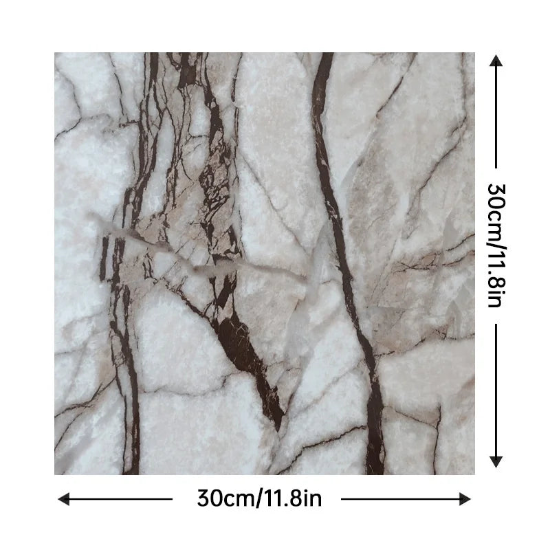 Peel-and-stick marble tile sheet, white with dark brown veining 30cm x 30cm