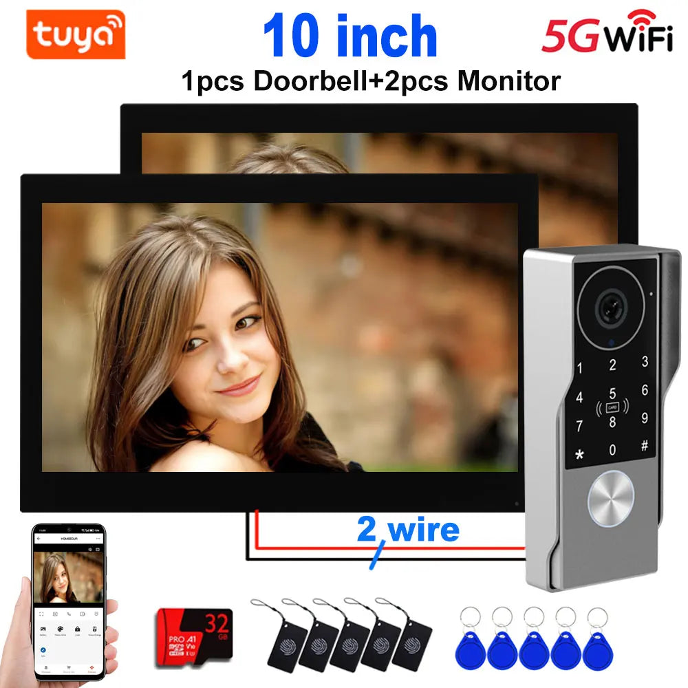 Smart video intercom kit with 10-inch monitor and metal doorbell camera keypad, app, access keys