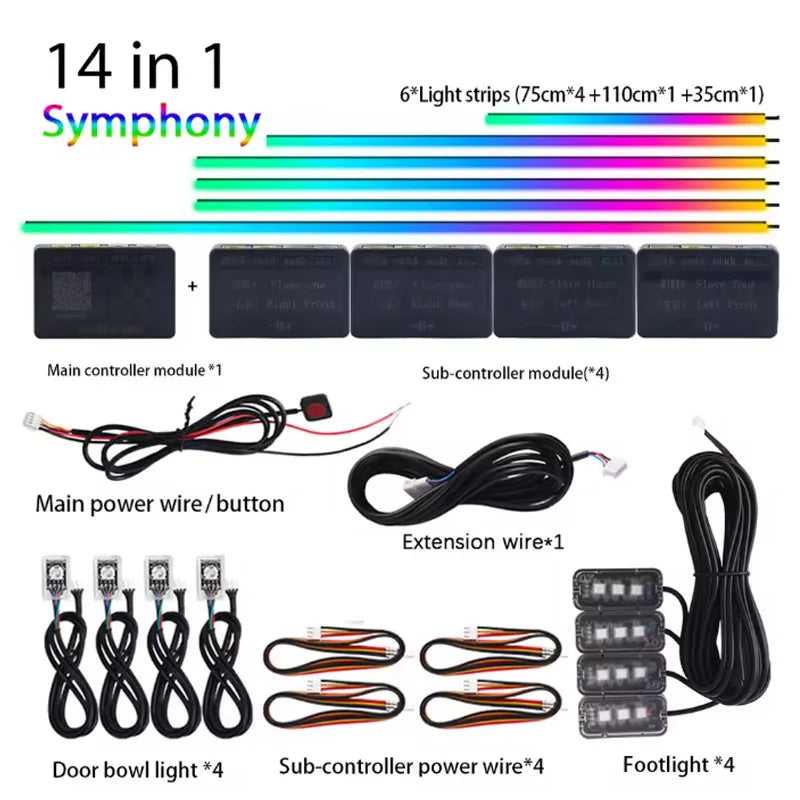Tidesmit RGB Symphony Car Ambient Lighting Kit - Customizable LED Strips 14 in 1 Symphony Tidesmit