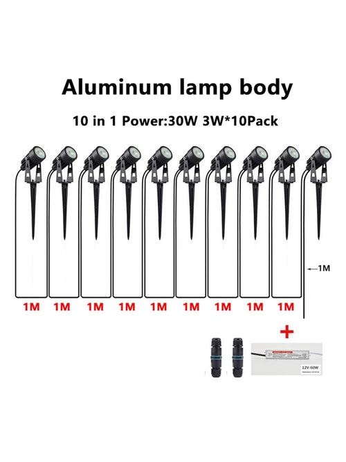 LED garden spot light set of 10, black spike stakes with adjustable lamp heads