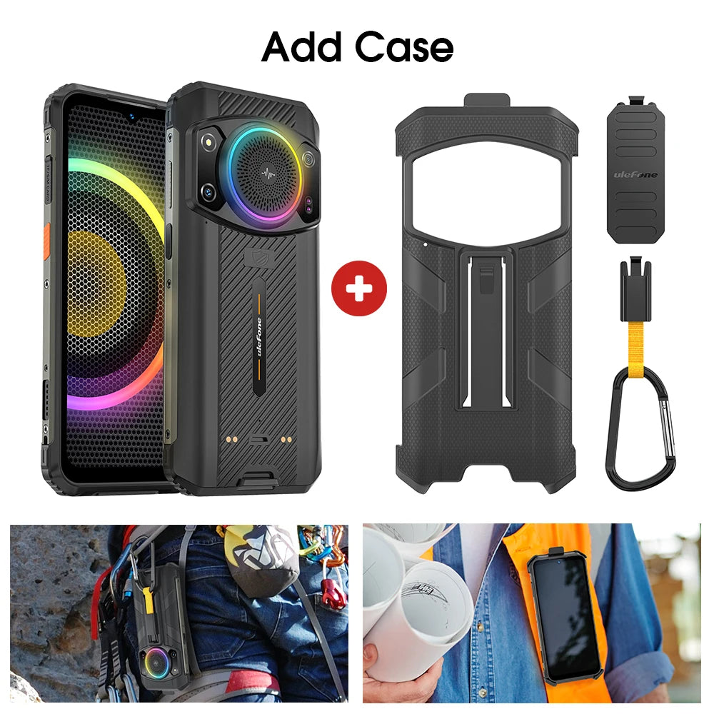 Ulefone Armor 21 rugged phone with protective case, RGB speaker, 64MP camera, 9600mAh battery, and belt clip accessory.