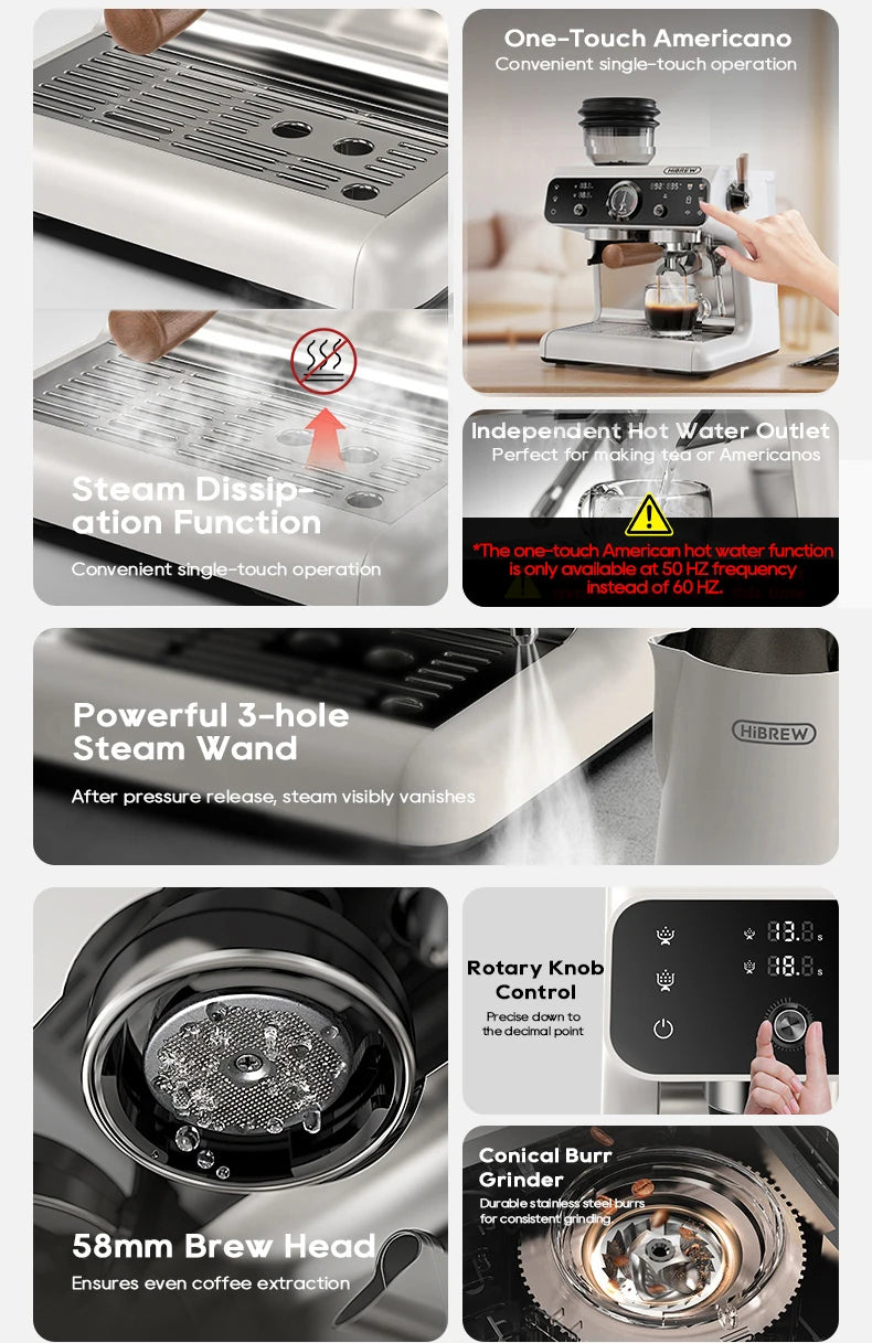 HiBREW white espresso machine with 58mm brew head, conical burr grinder, steam wand, and digital knob control.