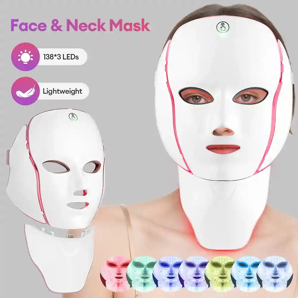7 Color LED Facial Mask with Neck Light for Skin Rejuvenation Therapy Massage Cushion Tidesmit