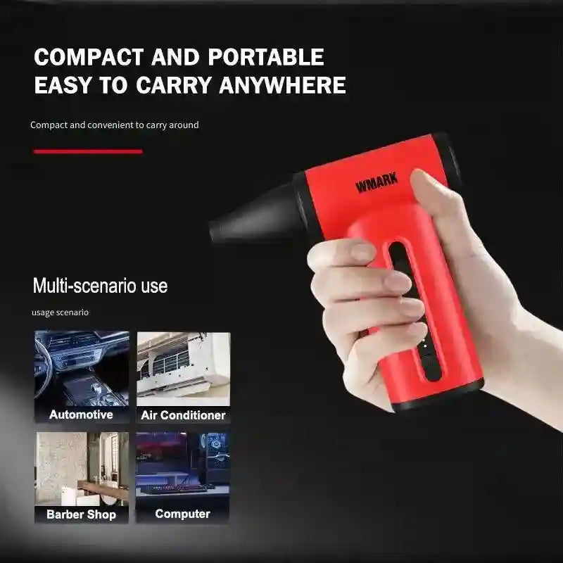 WMARK cordless red handheld jet blower, 130,000 RPM, compact design with nozzle for hair care and cleaning electronics.