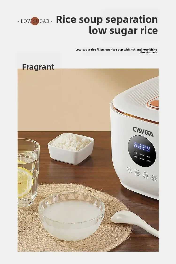White digital mini rice cooker showing display and rice soup separation inner pot