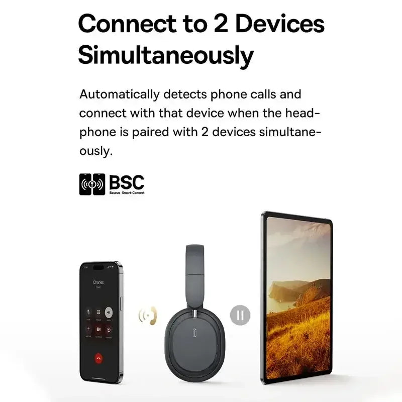 Baseus Wireless Headphones Bluetooth 5.3 HIFI Level Earphone 40mm Driver Foldable Over Ear Headsets 70H Playtime Spatial Audio Tidesmit