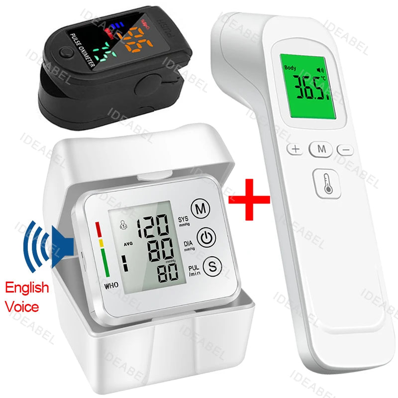 Wrist Blood Pressure Monitor LED English Voice Broadcast Tonometer BP Monitor Non Contact Infrared Medical Thermometer