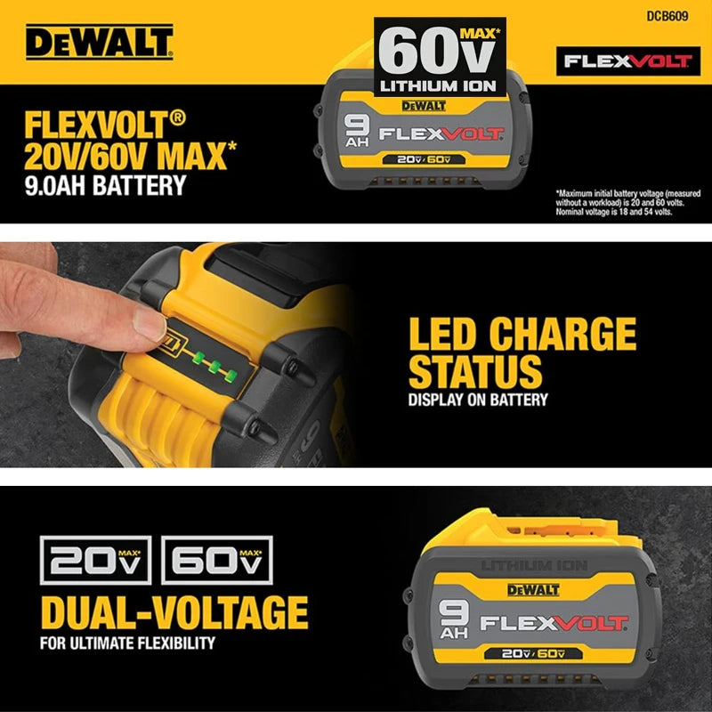 100% Genuine DEWALT FLEXVOLT 20V / 60V MAX Battery 60V 9Ah Powerful 180W 21700 Cell DCB609 DCB606 For Dewalt Replacement battery