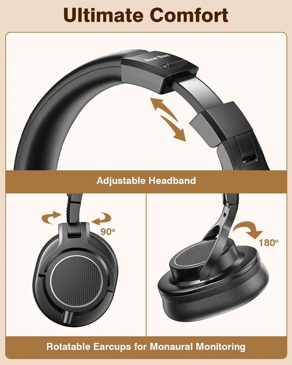 Wired Studio Headphones with Microphone - Over-Ear DJ Monitor (Black) Tidesmit