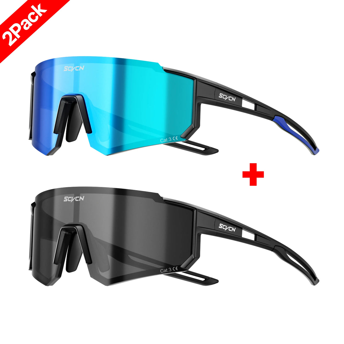 Cycling sunglasses 2-pack: blue and dark lenses, black frame with side shields