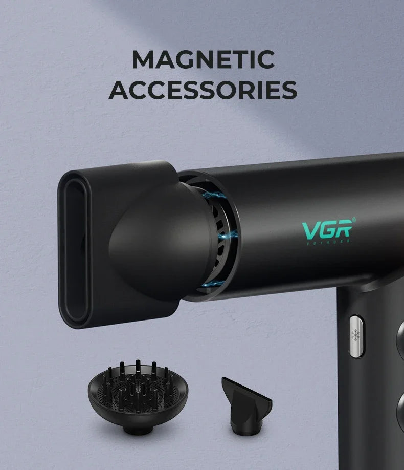 VGR V-401 professional matte black hair dryer with magnetic nozzle, diffuser, and high-speed BLDC motor attachments.