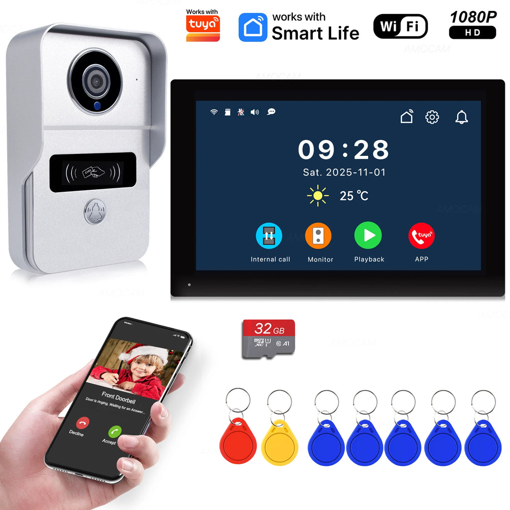 Wireless Wifi Video Doorbell System, 1080P Doorphone Door Camera, 7 Inch Touch Screen, Video Intercom 32GB Card for Home 4 Wire