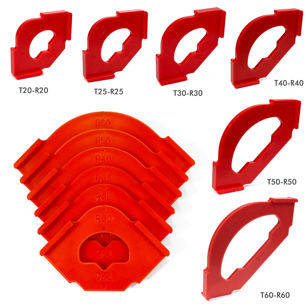 Woodworking corner trimming template set, red plastic corner and bevel cutout pieces