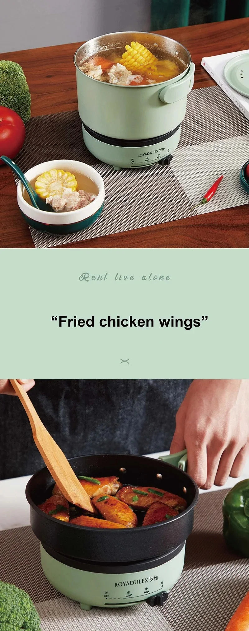 Green electric hot pot on base, with corn and chicken wings cooking in pan