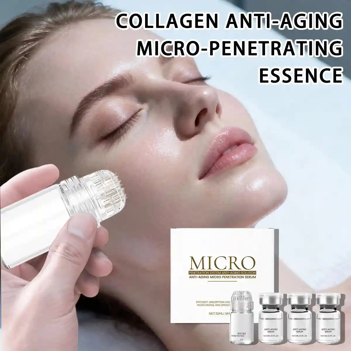 A hand applies a small, clear micro-needle applicator to a woman's face next to a box and bottles of anti-aging serum.