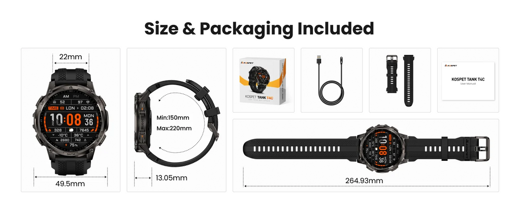 KOSPET TANK T4C Smartwatch Men’s Outdoor Rugged Watch with Flashlight Dual‑Band GPS 50M Waterproof Fitness & Health Tracker