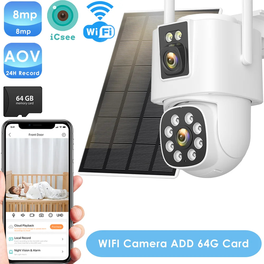 White PTZ solar security camera, WiFi, 8MP AOV, 24h record, add 64GB SD card