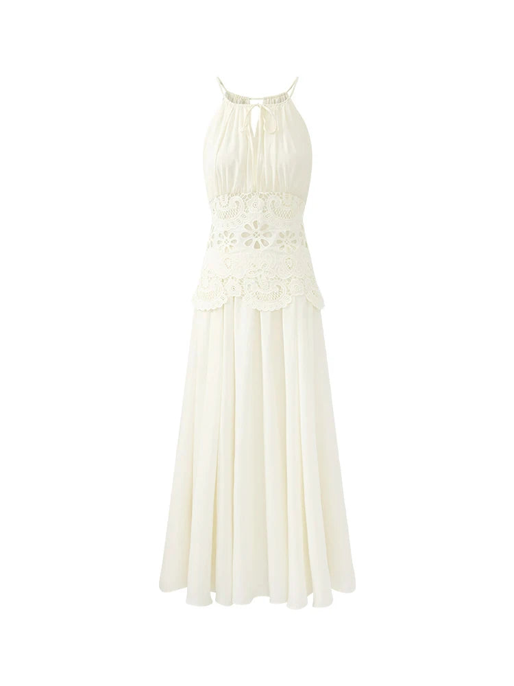 Lace Halter Maxi Dress Women Summer A-Line Slim Fit French Style Elegant Long Dress Hollow Out Sleeveless Fake Two-Piece Outfit