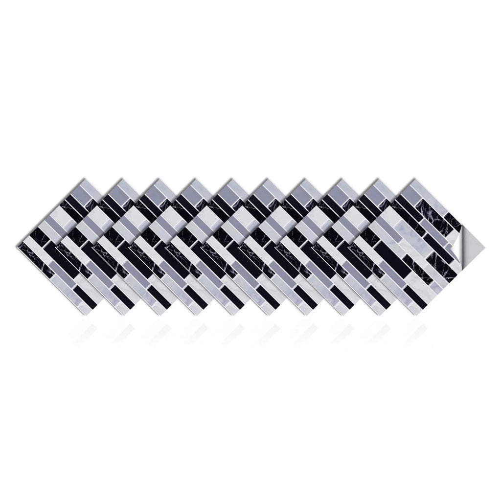 10-piece 3D mosaic tile stickers, white-gray and black brick mosaic, self-adhesive