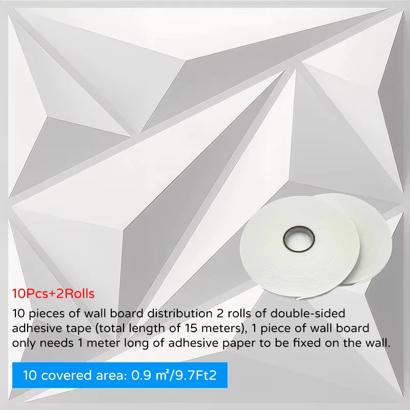 3D wall panel stickers with geometric relief pattern, white finish, with adhesive tape rolls